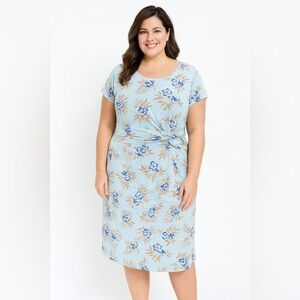 Lands End Dress 1X 16-18 W Cap Sleeve Twist Knot Jersey Knit Stretch Blue Floral